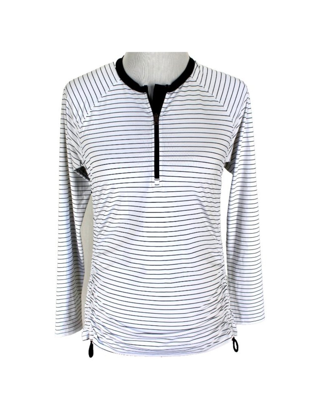 Calia Swim 1/4 Zip Rash Guard Top Womens Size M Black White Stripe Ruched Side
